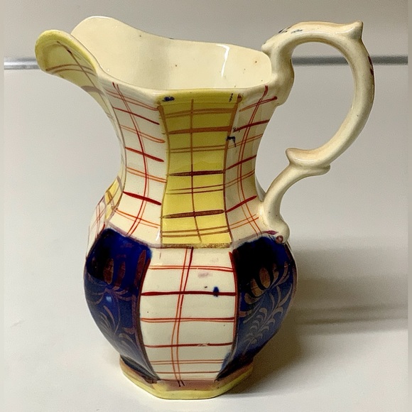 19th Century Gaudy Welsh Unrecorded Plaid Grid Pattern Jug Handled Pitcher - Picture 8 of 16